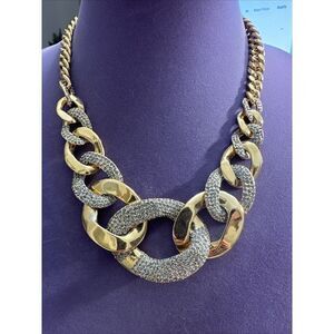 Chunky Goldtone Vintage Necklace Liz Claiborne Crystal Curb Links  CP